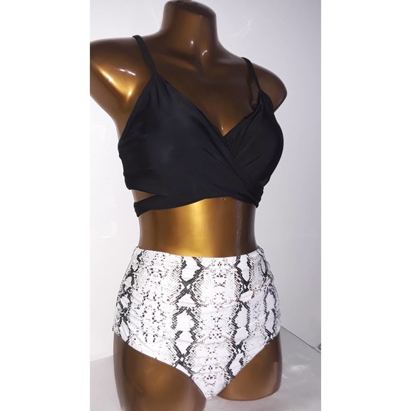 NIP Bikini Sz L Animal Print High Waist Bottoms, Padded Black Strappy Top - Picture 6 of 7